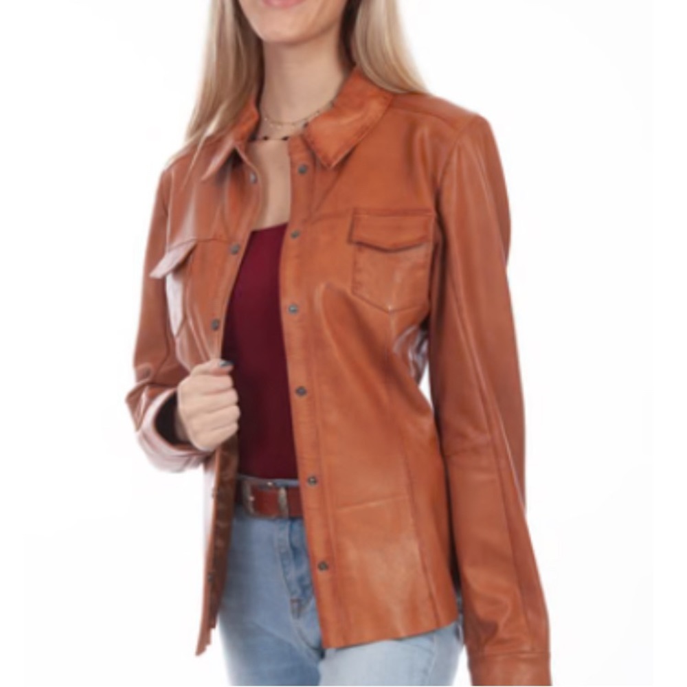 Scully Womens Cognac Lamb Leather Contemporary Snap Jacket